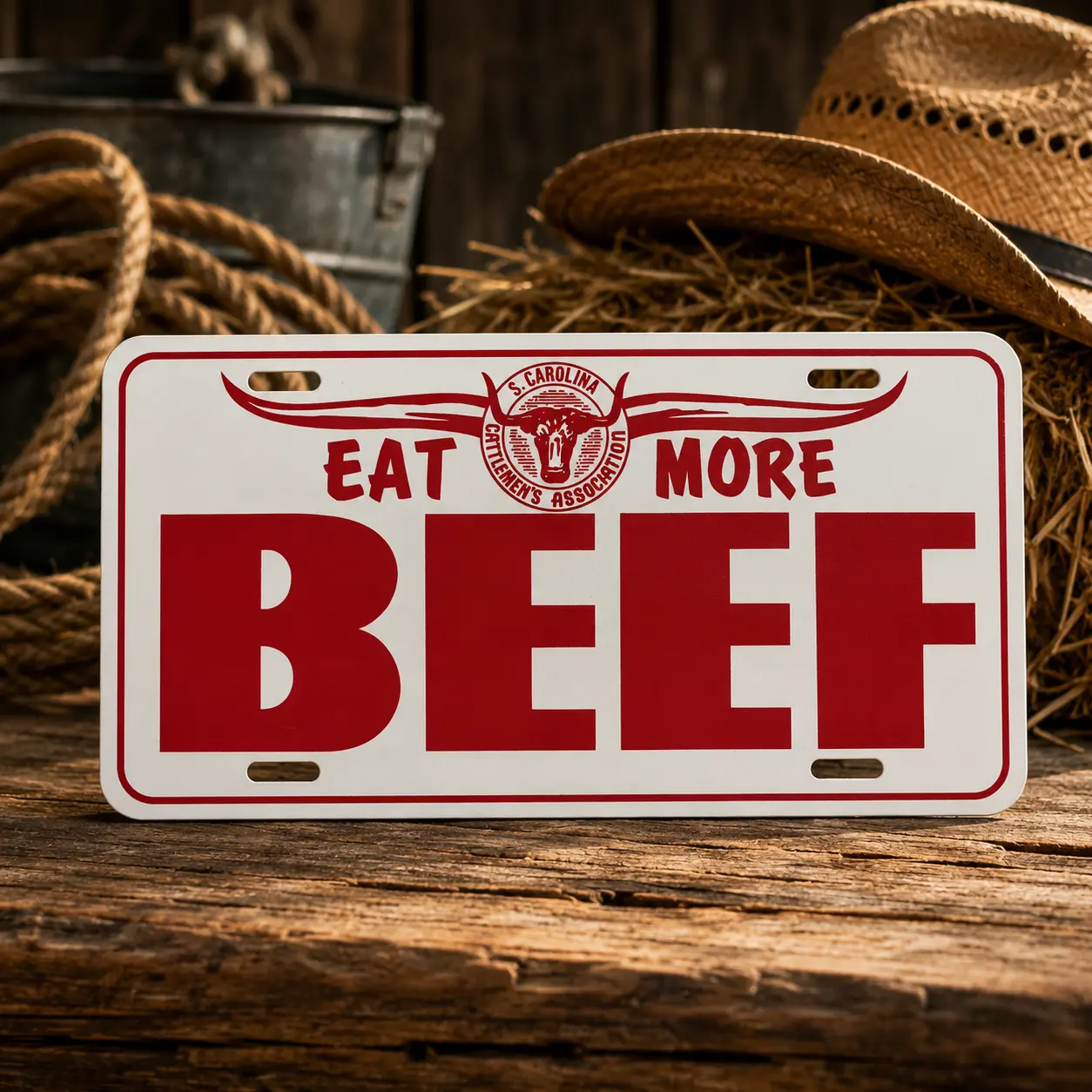 Eat More Beef South Carolina Metal License Plate- 100% Aluminum, 12 x 6, Pre-Drilled for Easy Installation, Made in US