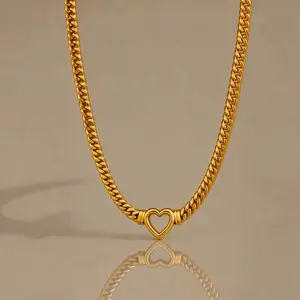 Stainless Steel Heart Pendant Necklace Bracelet Set Trendy Flat Chain Jewelry for Women