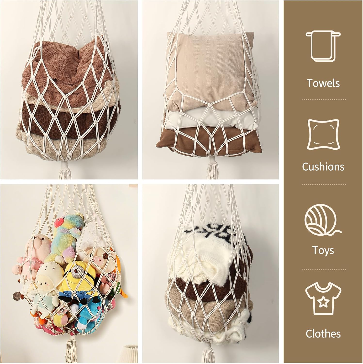 Stuffed Animal Storage Organizers Corner Hanging Net Stuffy Animal Hammock Macrame Toy Display Plush Toy Holder Wall, Kid Bedroom Decor Boho Nursery Playroom Organizer (Cream)