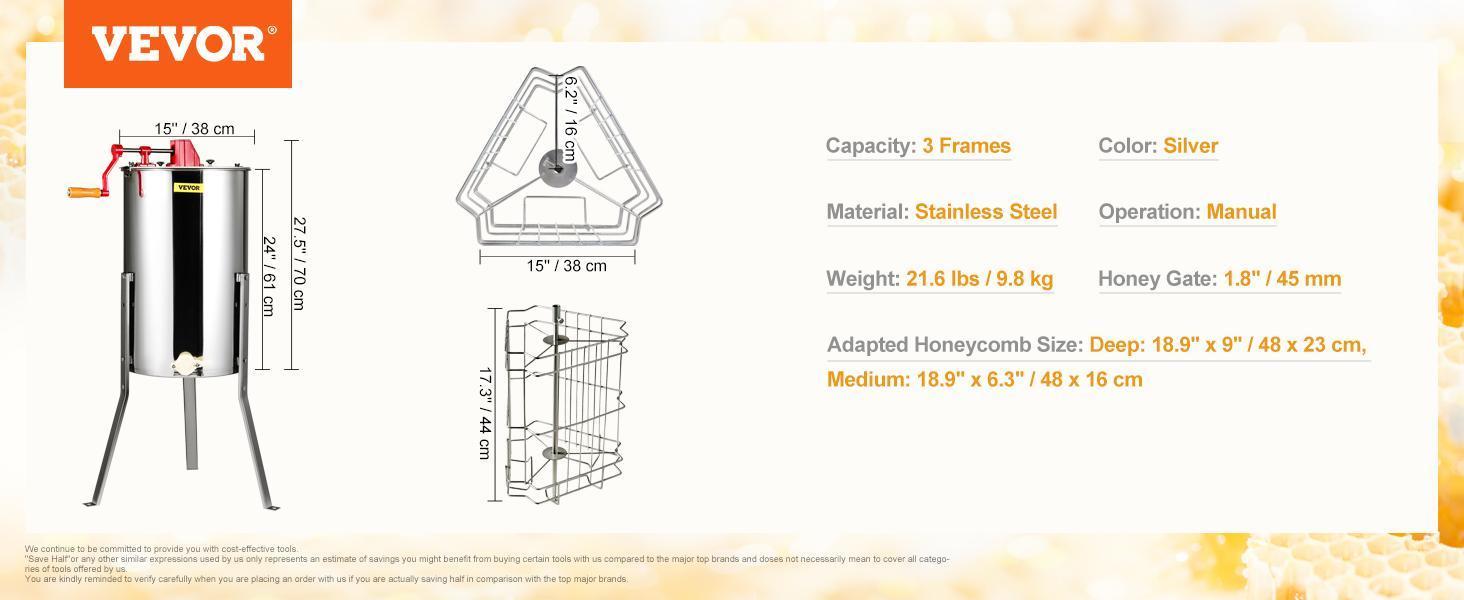 【Backtoschool】VEVOR Hand Crank Manual Honey Extractor, 3-Frame Stainless Steel Beekeeping Equipment, 39.3'' to 42.5'' Height-Adjustable Stand Honeycomb Drum Spinner with Lid for Kitchen, Basement Apiary Use, Adjustable Height, Manual Spin