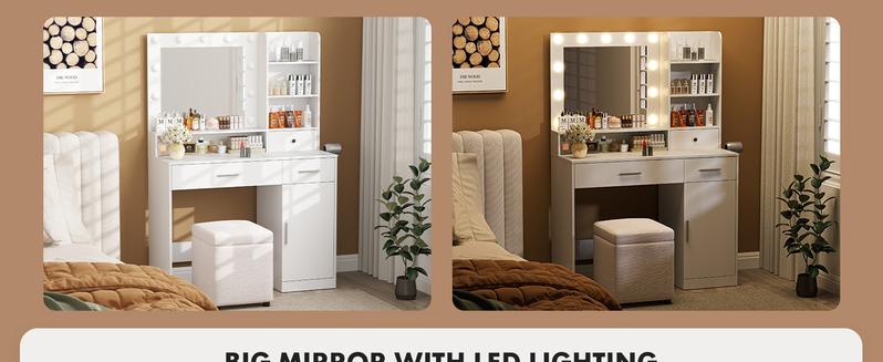 Vanity Desk with Adjustable Lighten Mirror & Power Outlet, Makeup Desk for Bedroom with a Storage Stool and 3 Drawers, 6 Storage Shelves, White Dresser for Girls