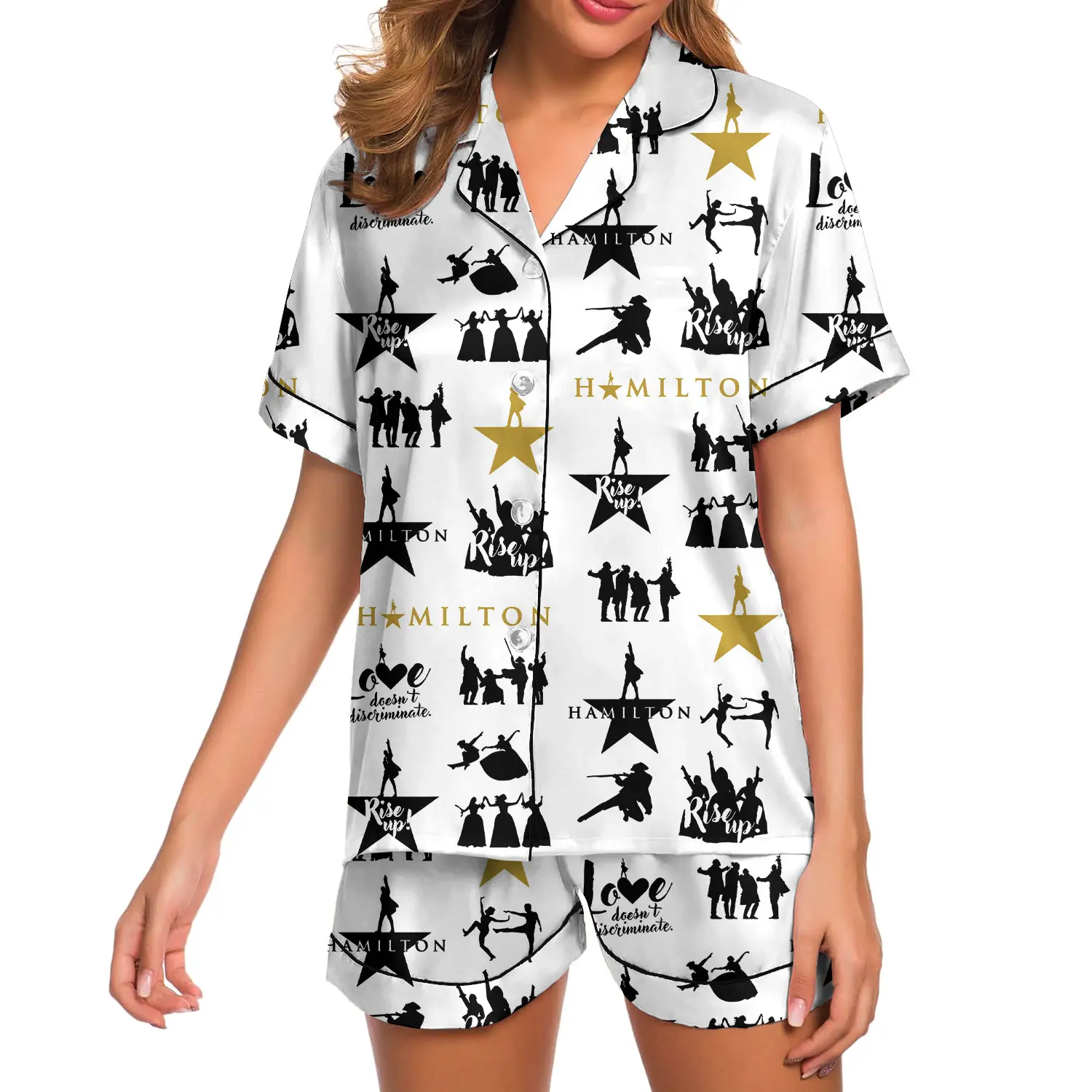 Women’s Hamilton Satin Pajamas – Soft Button Down PJ Set, Broadway Musical Fan Gift, Ideal for Mother’s Day & Holidays