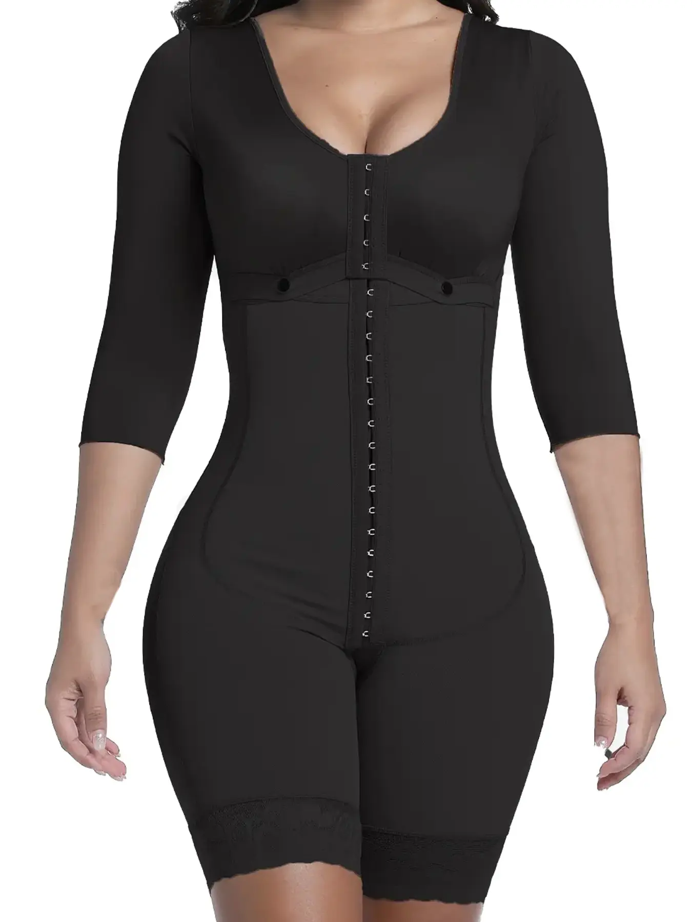 Women's Long Sleeve Round Neck Body Shaper Suit, Abdomen Control Bodysuit, Knit Shapewear, Soft Underwear, Womenswear, Front Button Design, Dual Buckle Closure, Strong Waist Cinching, Fall & Winter Essential, Basic