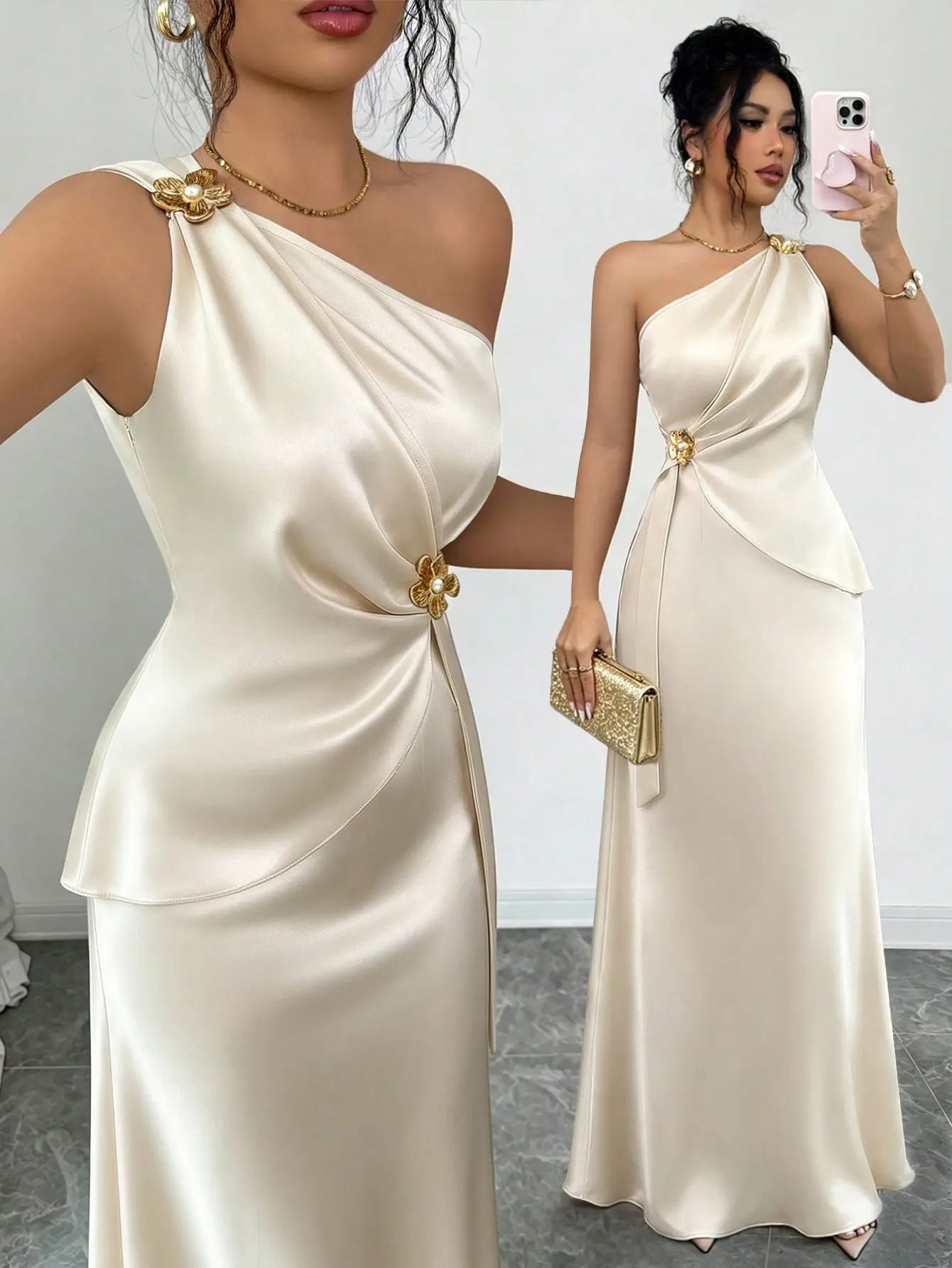 Women's Spring/Summer New Elegant Satin Asymmetric Shoulder Metallic Floral Decor Waist Cinched Bodycon Dress Dinner Date Cream Wedding