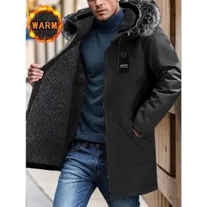 Men's mid-length -lined plush collar hooded jacket, outdoor mountain windbreaker, sport coat for big and tall men Casual Black