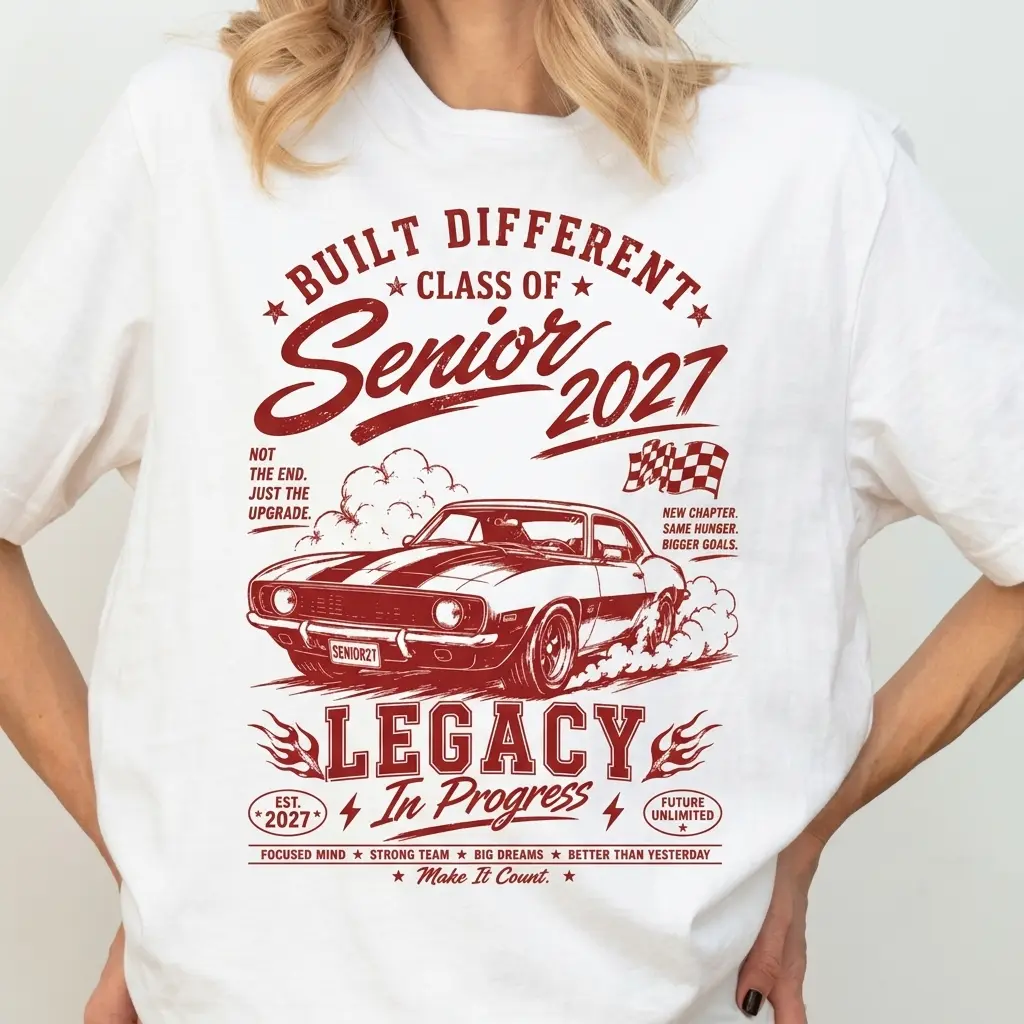 Class of 2027 Senior Legacy T-Shirt, Retro 'Built Different' Racing Graphic, Breathable 100% Cotton Fabric for Everyday Wear, Short Sleeve, Retro Automobile, Vintage Racing Motif, Style, Round Neck