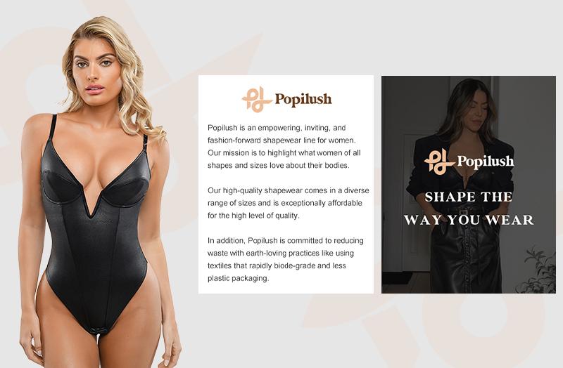 Popilush Elastic Deep V-Neck Leather Shapewear Thong Bodysuit  Adjustable Soft Breathable Fabric