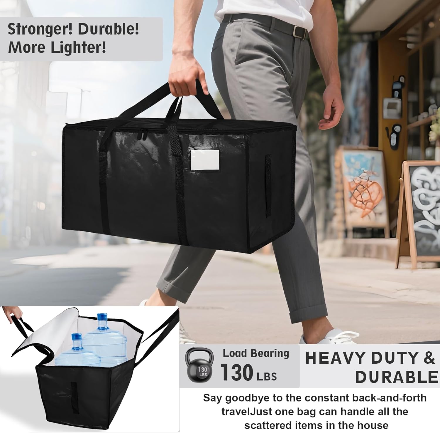 4-Pack Classic Heavy-Duty Organiser Bags, Waterproof Foldable Storage Totes with Handles & Zippers, 4-Set Home Organizers for College Dorm Daily Use (Black)