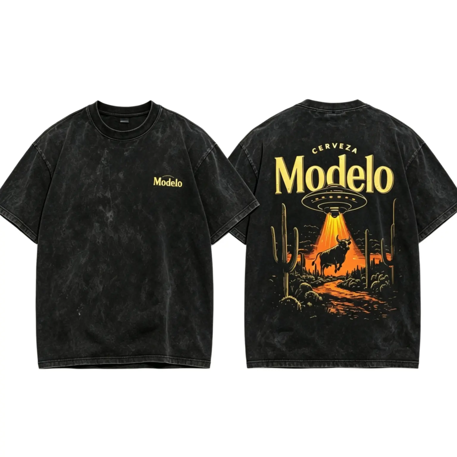 Men's Casual Short-Sleeve Retro Cerveza Modelo Graphic T-Shirt - Black Vintage Distressed UFO-Abducting Bull Desert Cactus Print, Bold Text, Regular Fit Stretch Fabric, Menswear Tops for Spring/Summer American Beer Gathering