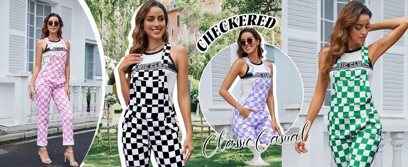 Zhangyan Valentine’s Day Outfit Women’s Checkered Denim Overalls – Stretch Plaid Sleeveless Bib Jumpsuit, Cute Casual Style