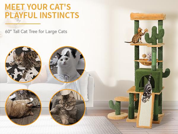 Yitahome Tall Cactus Cat Tree Tower with Self-Grooming Brush, Cute Cat Climbing Tower for Indoor Cats with Cat Condo, Top Perch, Basktet, Sisal Scratching Posts and Board,Toy Balls