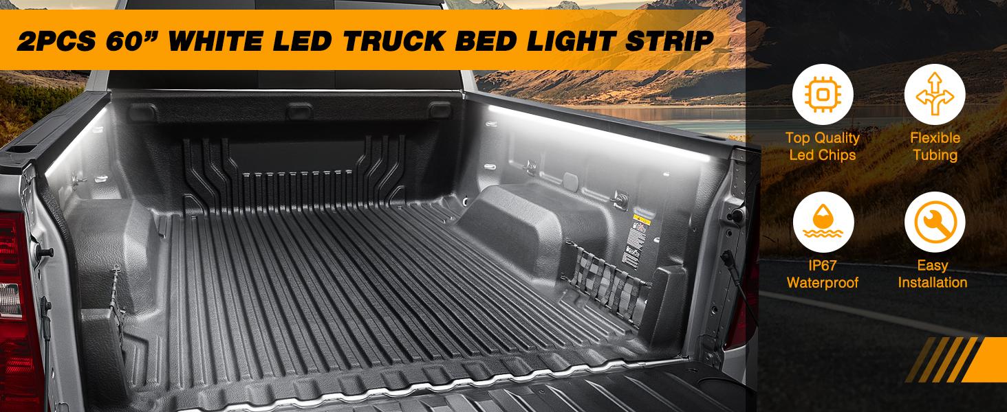 DIBMS 2PCS 12V LED Trunk Bed Light, 60Inch 6500K Lamp Beads Lights Strip with on/Off Switch for Cargo Pickup Truck SUV RV Boat, Waterproof