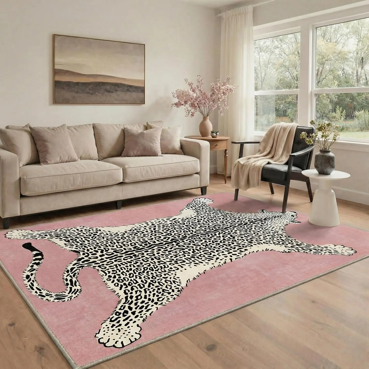【Back To School】GENIMO Non Slip Pink Cheetah Area Rug for Bedroom, Animal Jungle Machine Washable Living Room Rug, Low Pile Rugs for Hallway Living room Dining Room