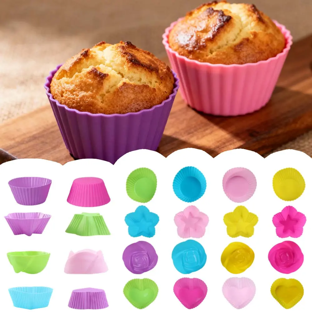 24pcs Reusable Colorful Nonstick Silicone Cupcake Liners - 4-Shape Baking Cups (Round, Star, Heart, Flower) for Muffins, Kids' Treats, Festive Parties - Heavy-Duty Easy-Clean Pastry Molds