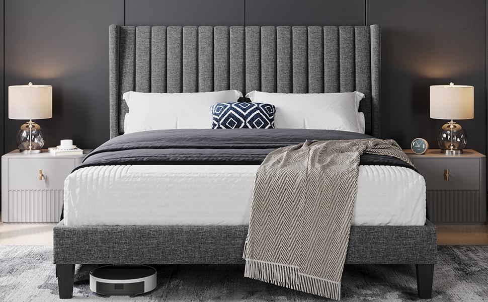 Yaheetech Linen Fabric /Velvet Upholstered Bed Frame Full/Queen/King with Wooden Slat Support, No Box Spring Needed, Durable Construction, Easy Assembly Furniture Bedroom Beige Headboard