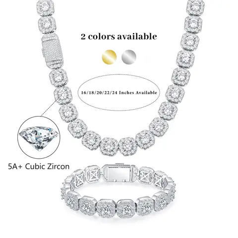 [Iced Out Hiphop Necklace] 12MM CZ Cuban Link Chain Necklace Round Cubic Zirconia Halo Classic Hiphop Style Trendy For Men For Women  16-24 Inches N-0007-W
