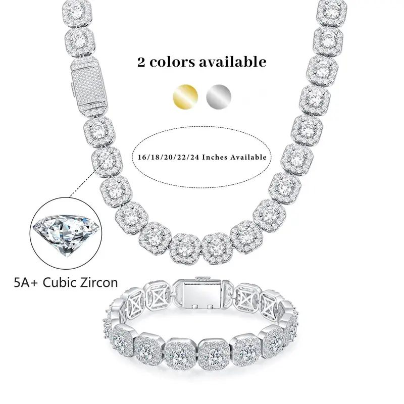 [Iced Out Hiphop Necklace] 12MM CZ Cuban Link Chain Necklace Round Cubic Zirconia Halo Classic Hiphop Style Trendy For Men For Women  16-24 Inches N-0007-W,sohochic