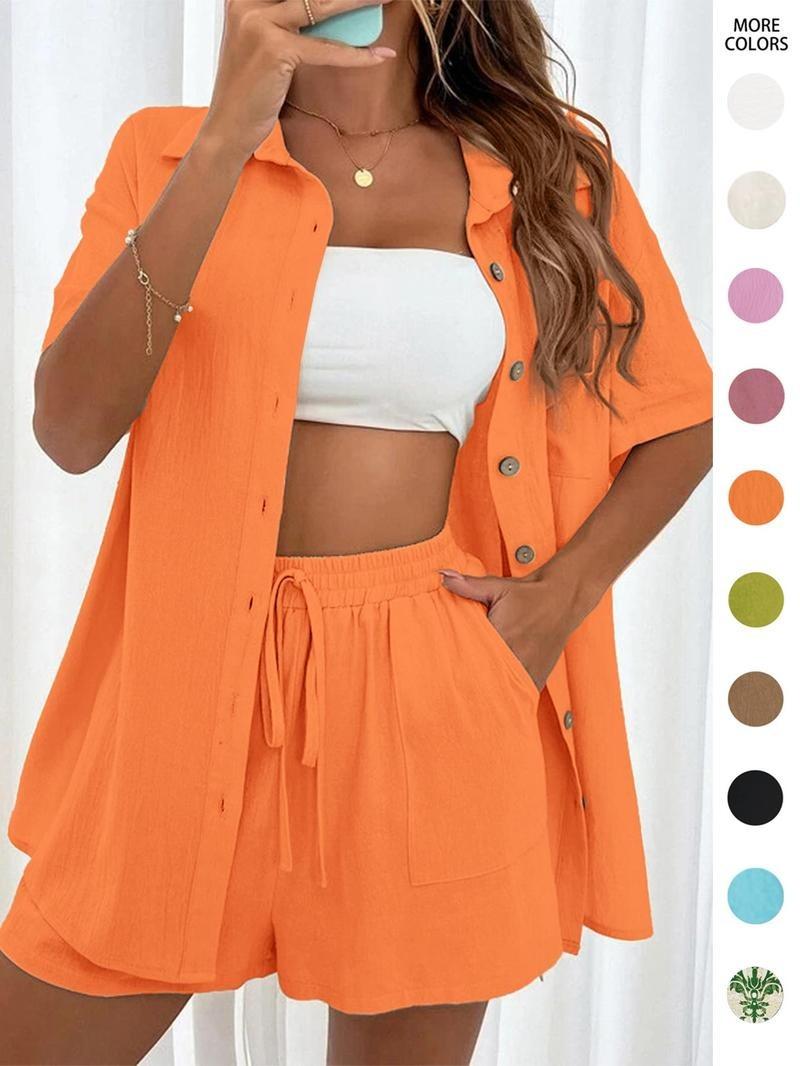 Women's Solid Button Front Shirt & Drawstring Waist Shorts Two-piece Set, 2 Counts Casual Short Sleeve Top & High Waist Shorts, Ladies Summer Outfits 2024 for Daily Wear