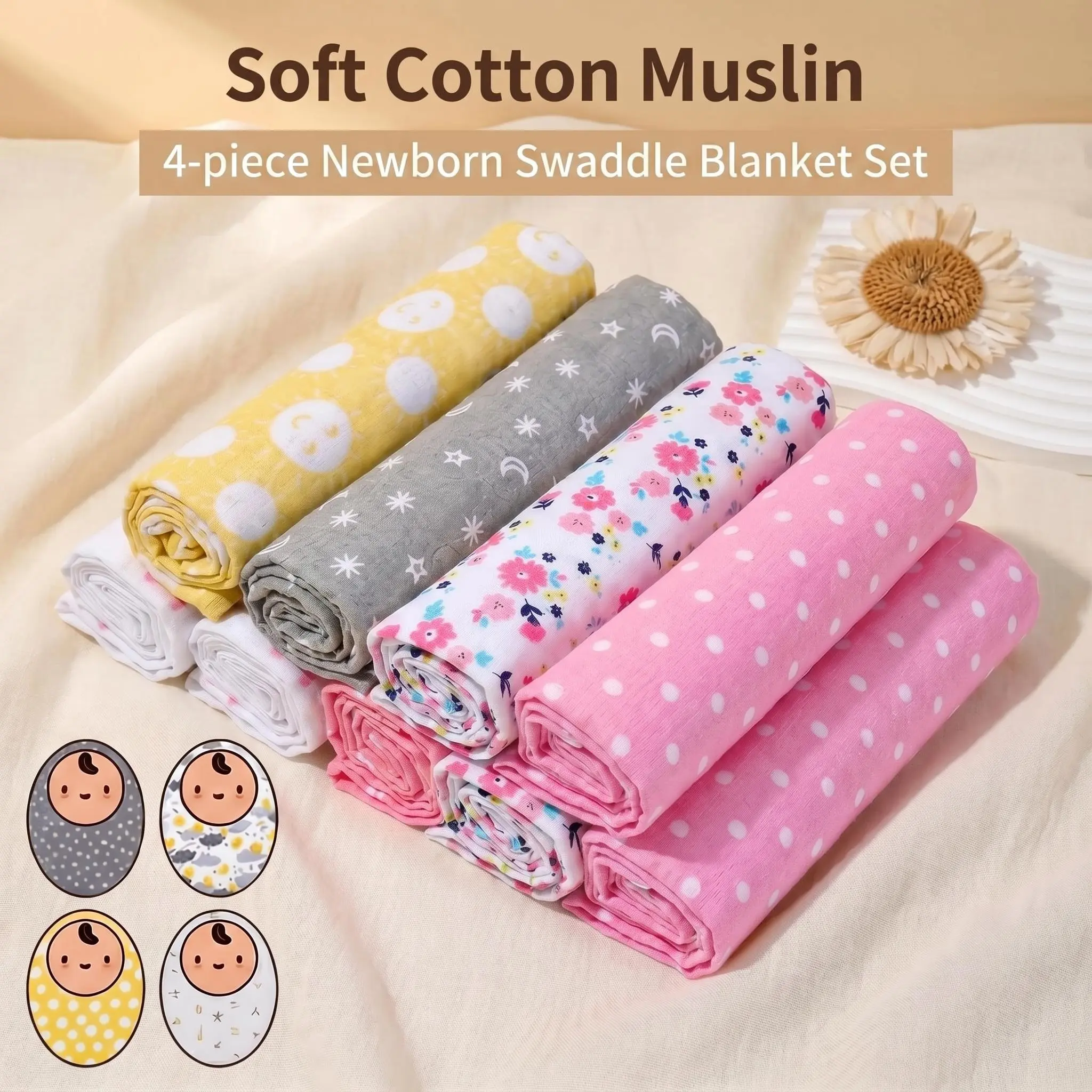 4Pcs Baby Blankets, Ultra Soft Cozy Gender Neutral Newborn Blankets, Skin‑Friendly Breathable Infant Covers for Crib Stroller Nursery Daily Use Breathable Bedding