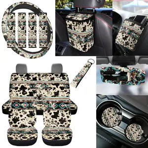 Western Car Seat Covers Full Set, 15pcs Auto Cow Print Auto Interior Accessories for SUV Van Truck Protector, Seatbelt Pads Keychain Steering Wheel Cover Coasters Garbage Bag, Non Slip Universal Decor