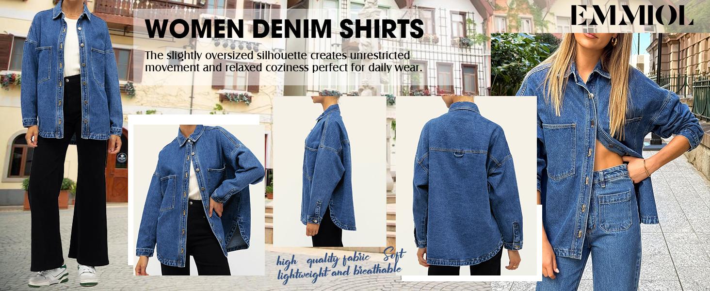 EMMIOL Women Denim Shirts Oversized Long Sleeve Button Down Blouse Distresse Jean Jacket Fall Outfits 2025