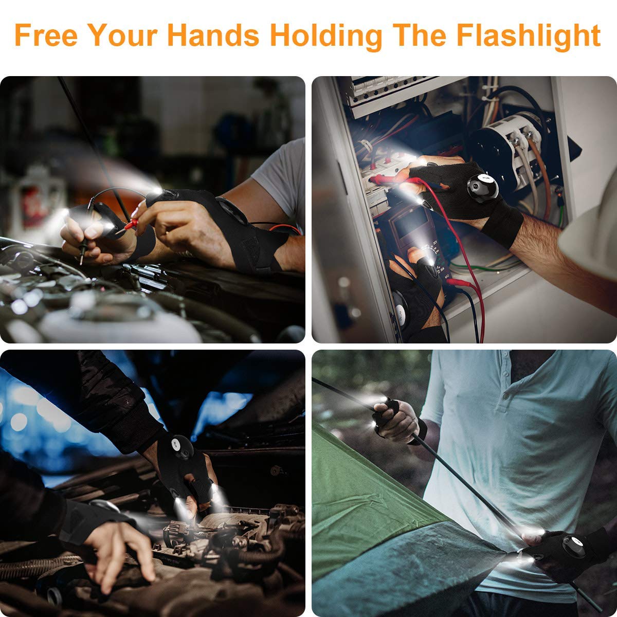 Pair of LED Half-Finger Waterproof Gloves with Flashlight- Durable Fingerless Gloves for Men & Women | OutdoorNight Fishing, Bait Prep, Cycling, Running, Camping