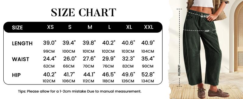 Tanming Women's Corduroy Pants Barrel Mid-Rise Elastic Waist Cord Pants Springfresh Casual Wide Leg Baggy Trouser with Pockets