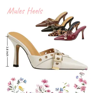 Kitten Heels For Women Vintage Pointed Toe Heels Mules Sexy Pointy Studded Heels Slip On Stiletto Heels Pumps Party Wedding Shoes Women