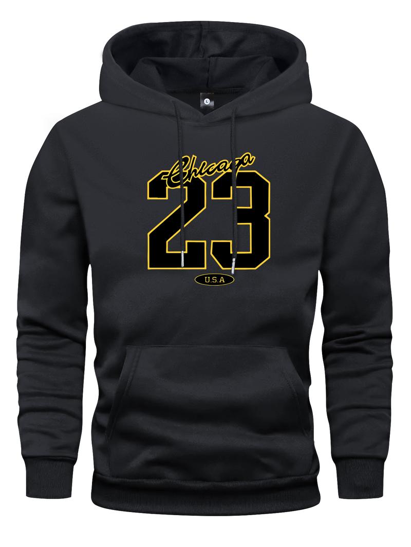 Men's spring and autumn thin long-sleeve pocket personalized letter number 23 pattern print hooded sweater fashion casual sports streetwear outdoor men's headwear, suitable as a gift for husband or boyfriend