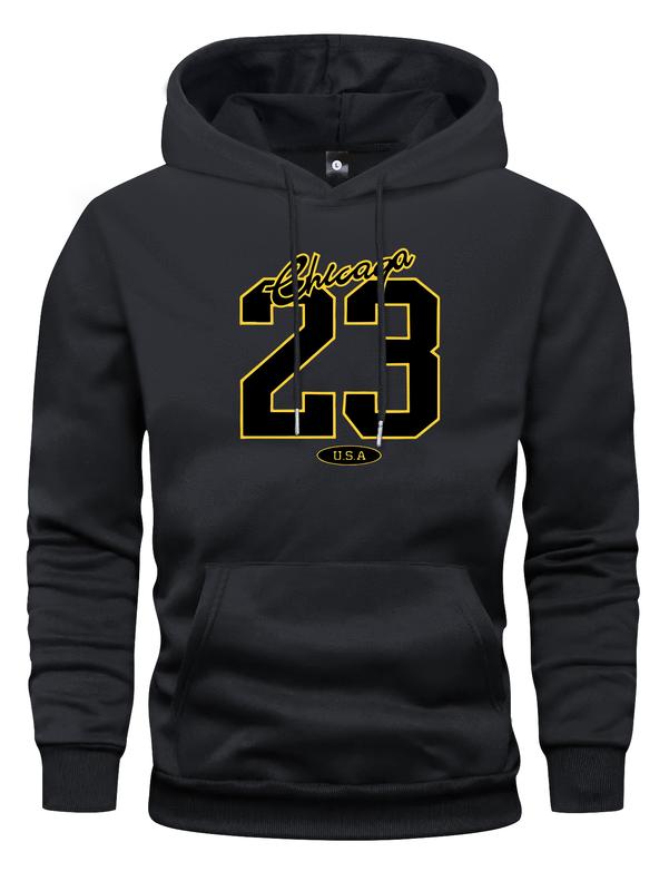 Men's spring and autumn thin long-sleeve pocket personalized letter number 23 pattern print hooded sweater fashion casual sports streetwear outdoor men's headwear, suitable as a gift for husband or boyfriend