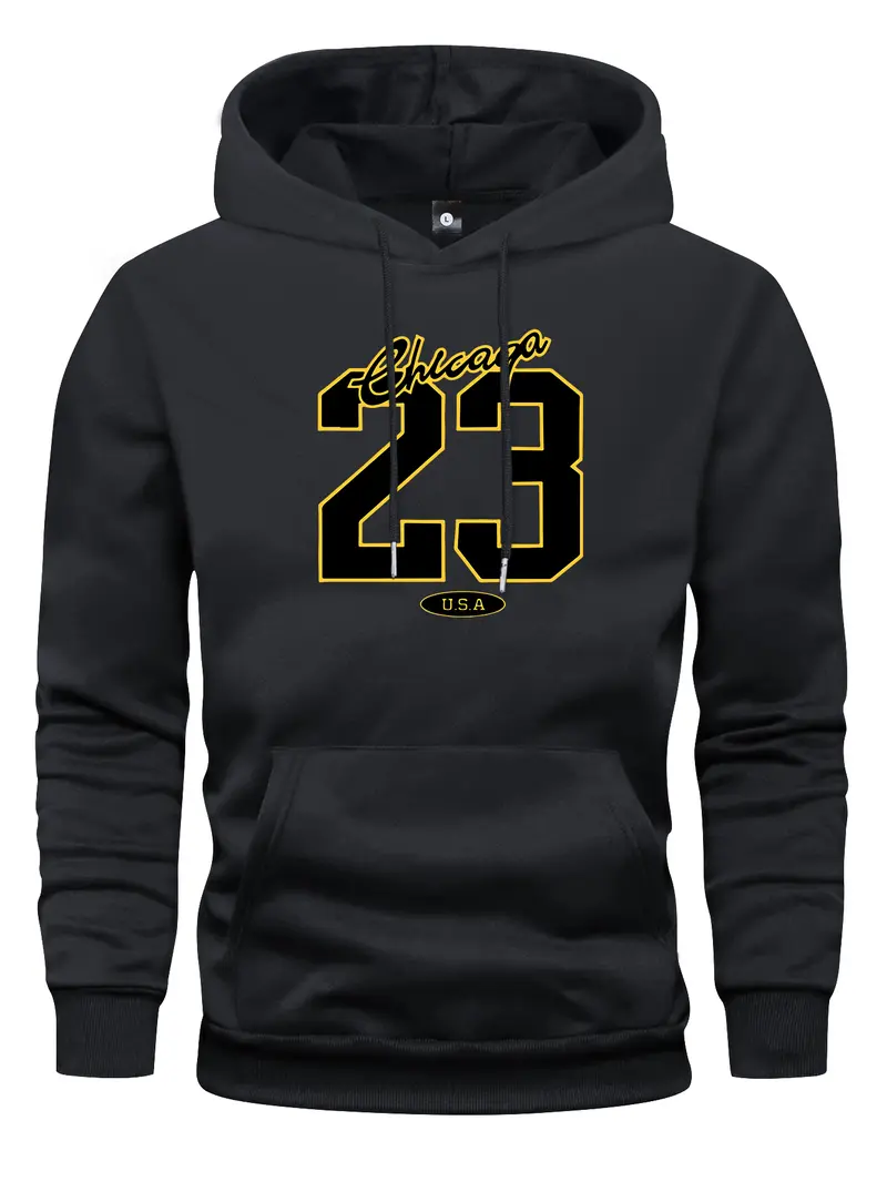 Men's spring and autumn thin long-sleeve pocket personalized letter number 23 pattern print hooded sweater fashion casual sports streetwear outdoor men's headwear, suitable as a gift for husband or boyfriend