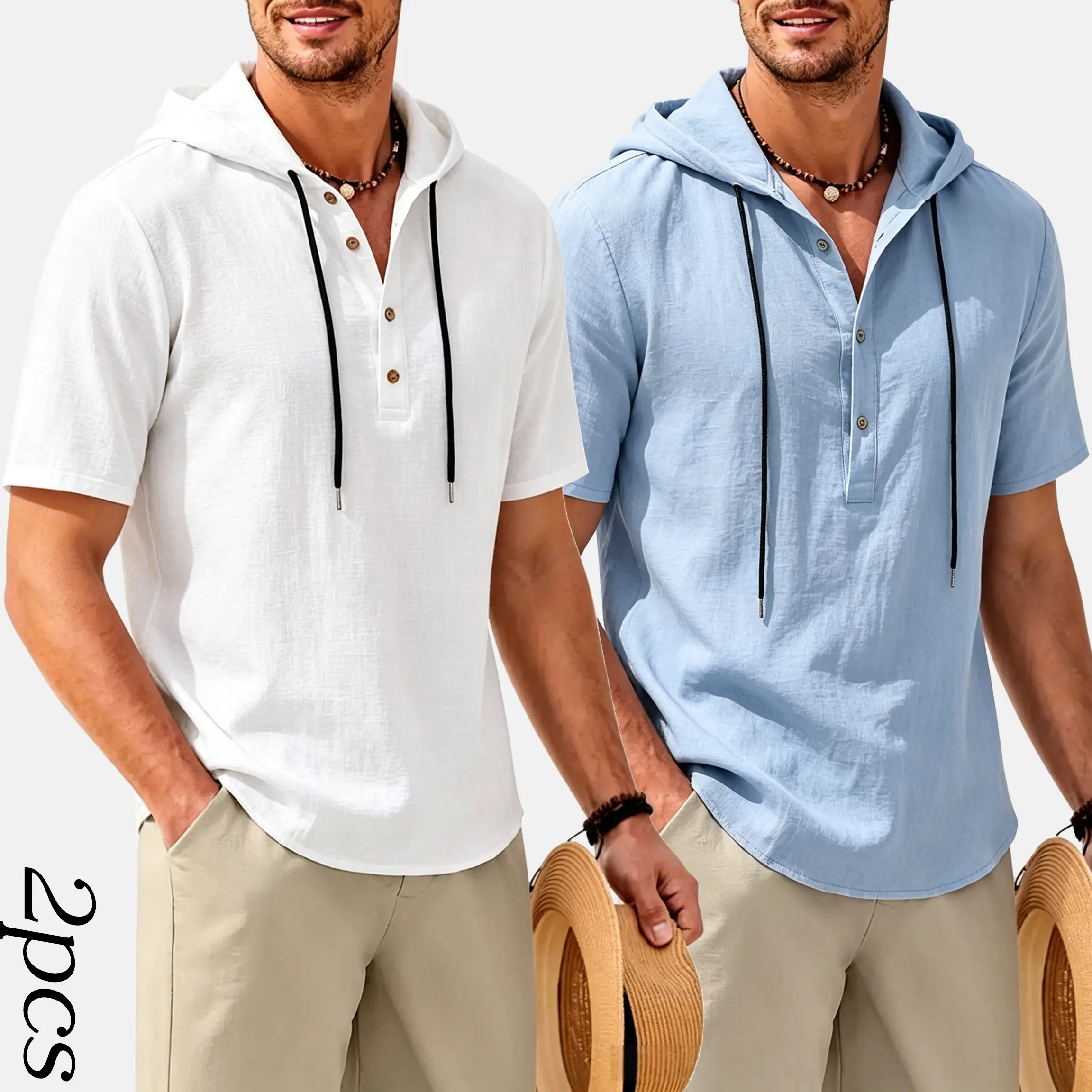 Men's Short Sleeve Pullover Hoodie - Plain Texture Chic Linen Woven Fabric, Lightweight Breathable Skin-Friendly, Drawstring Hood, Half-Button Henley Collar, Curved Hem, Medium Length, Machine Washable - Ideal for Casual Wear, Holiday Commuting