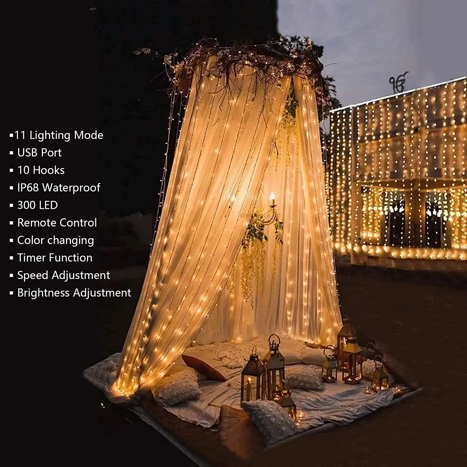 USB color-changing curtain lights, 300 warm white LEDs and multicolor window fairy string lights with remote timer, 11 modes, IP68 waterproof dimmable icicle curtain lights for bedroom, weddings, Christmas parties, indoor and outdoor decor