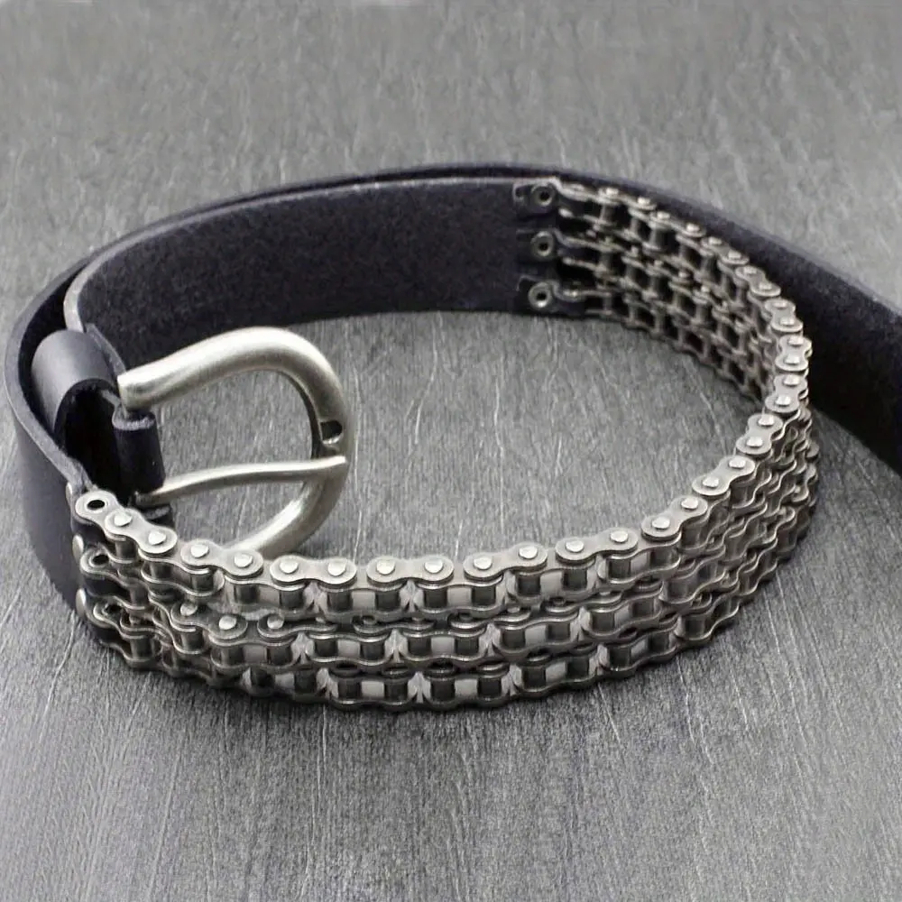 Men's Genuine Leather Chain Belt - Heavy Motorcycle-Inspired, Multiple Lengths, for Rock Punk Wear