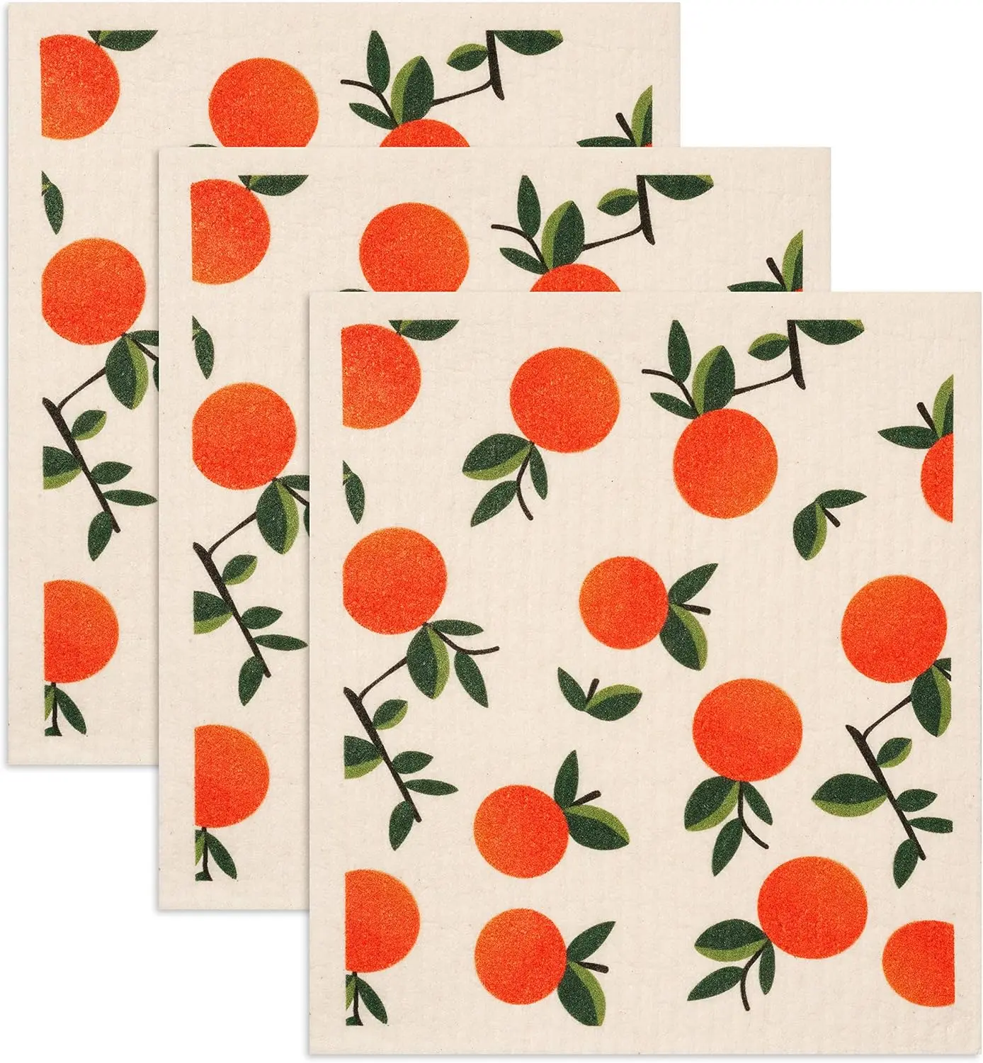 3-Pack Swedish Dishcloths Wipes - Plant-Based Cotton Cellulose Sponge Cloths, Eco-Friendly Household Cleaner Towels, Super Absorbent, Machine Washable, Citrus Oranges Print, 7.87x6.88in, Scandinavian
