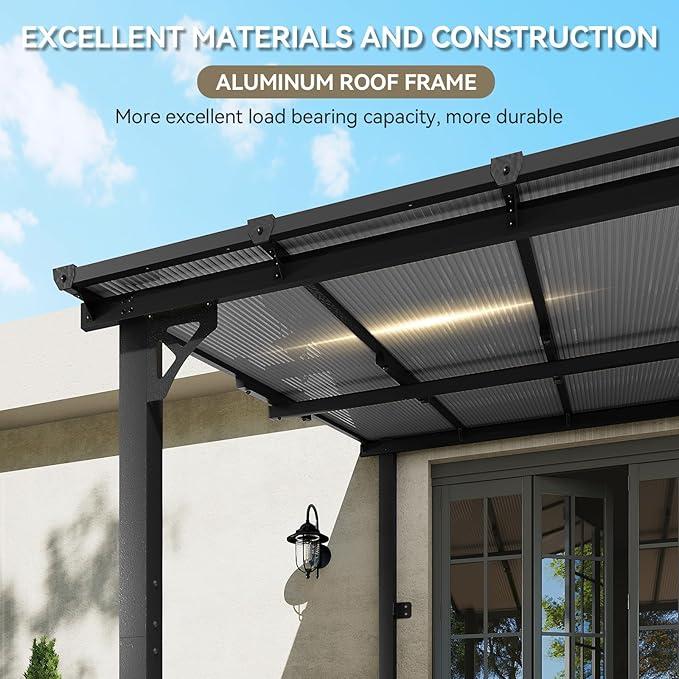 【Ships in 1 Packages】Aoxun  8x10'/5x8'  Wall-Mounted Gazebo Pergola for Outdoor Patio with 55lbs/㎡ Load-Bearing Capacity LED Waterproof Hanging Lights Durable Polycarbonate Material