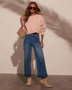 Women's Wide Leg Jeans High Waisted Stretchy Straight Leg Loose Trendy Denim Pants with Pocket Ankle Denim for Casual & Business Wear