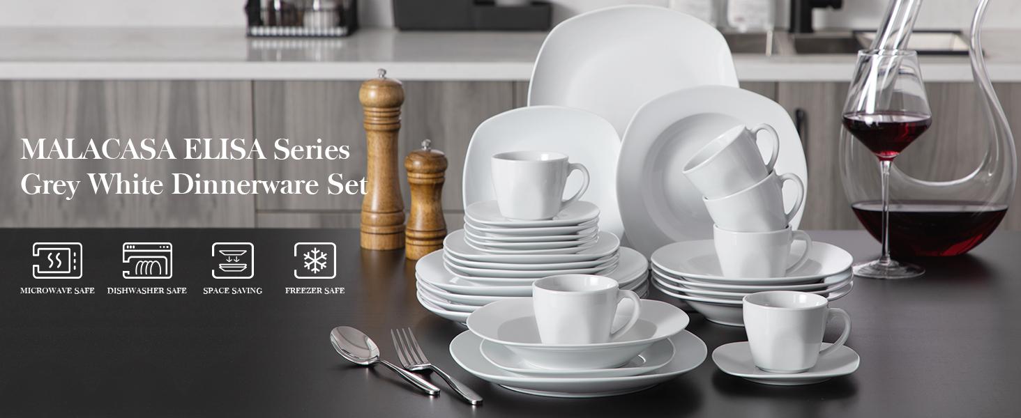 MALACASA Porcelain Dinnerware Set, White Cutlery Dish Set for 6, Square Ceramic Dishware Sets, Chip and Scratch Resistant Plates and Bowls Sets, Cups and Saucers Tableware, Series ELISA
