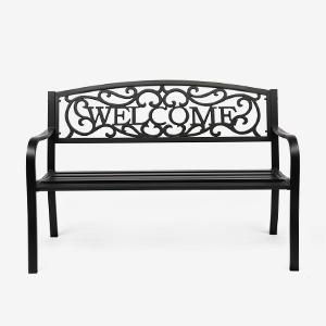VINGLI Outdoor Metal Garden Bench with PVC Back Pattern, Black Steel Welcome Bench for Patio, Porch, Deck, Yard, Lawn Decor Entryway
