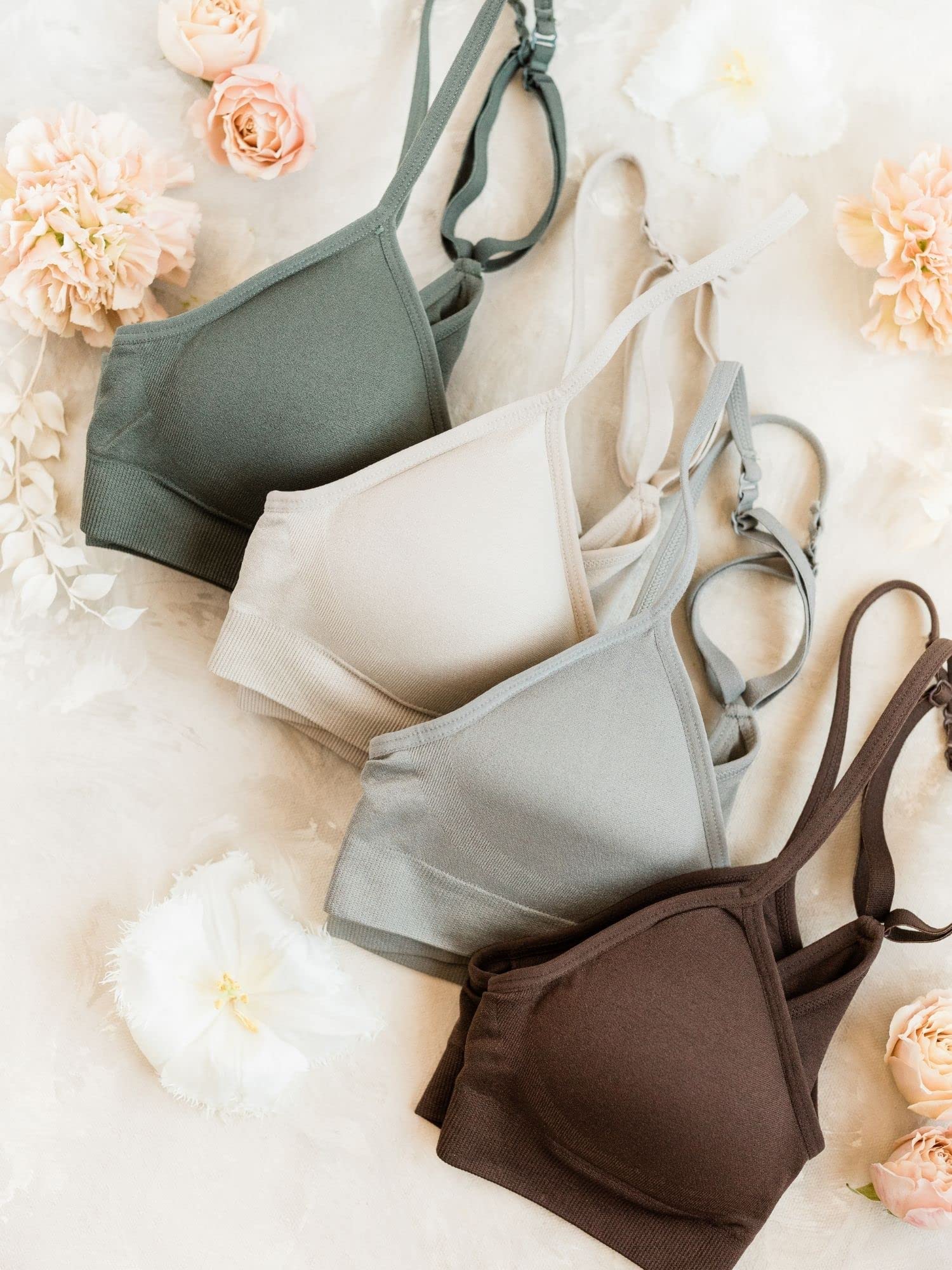 Kalon Women's 4-Pack Solid Racerback Sports Bralettes - Seamless V-Neck Nylon Spandex Wirefree Yoga Bra with Removable Pads, Comfy Fit for Everyday Basics (See Size Chart; Skin Tones, Bright Vibrant, Earth Tones)