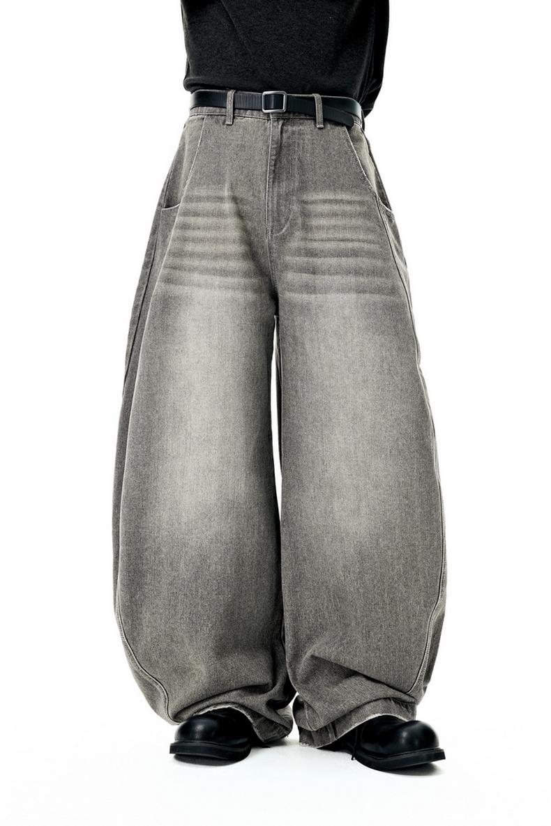 Inflation Baggy Washed Streetwear Wide-Leg Curved Blade Denim Pants Spring Summer New American Style Loose Fit Cargo Jeans Men's Casual Beige Plain Trousers with Pockets Pull On Valentine's Day