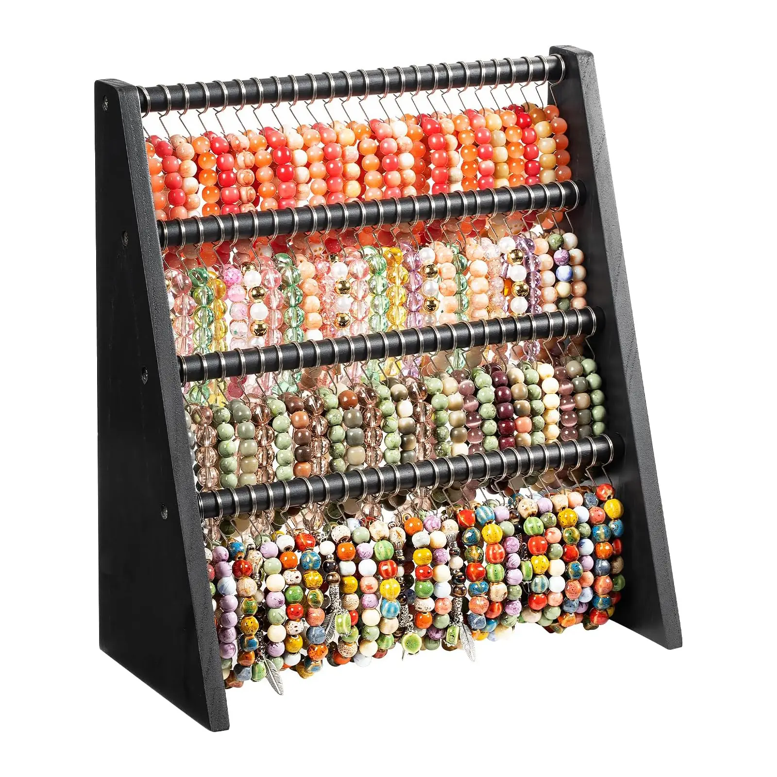 Vintage 4-Tier Wooden Bracelet Holder Stand with 100 Hooks, Triangular Black Countertop Jewelry Organizer Box for Vendors, Home & Craft Show Display Storage Rack, Solid Wood