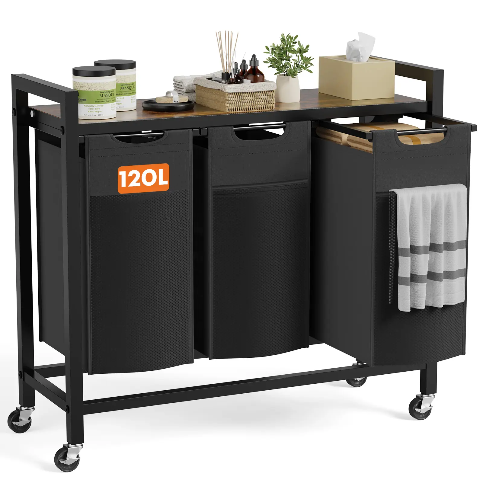 Laundry Hamper Sorter with Shelves and Wheels, Pull-Out Bags and PP Plastic Panel Support, Industrial Rolling Clothes Hamper with Rustic Wood Top for Laundry Room Bathroom Bedroom