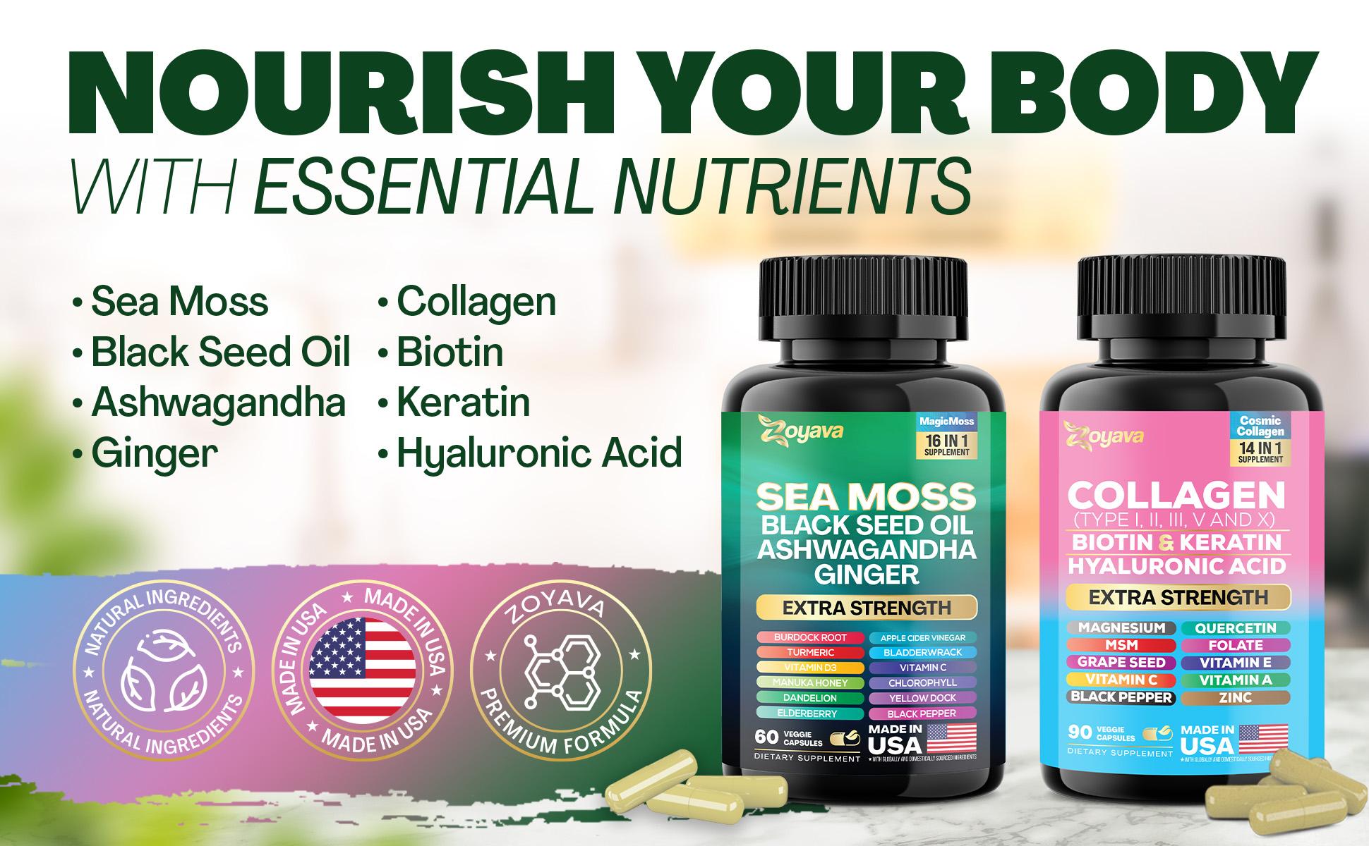 Radiant Wellness Bundle - Zoyava Sea Moss & Collagen Multivitamin Power Duo, All-in-One Supplement with Extra Strength Ingredients - Made in USA