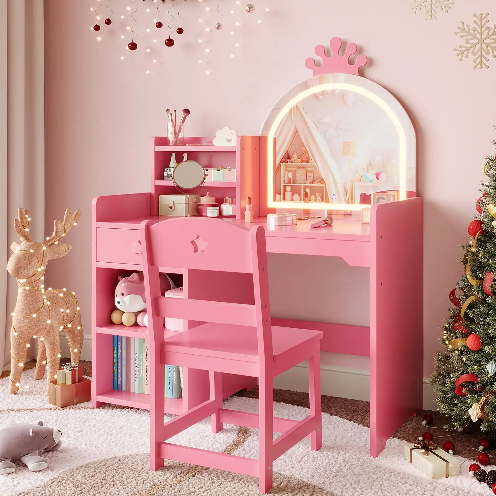 GARVEE 2-in-1 Lighted Mirror Vanity Set with Open Bookshelf, Storage Cabinet, and Shelves - Purple Wooden Dressing Table and Chair for Bedroom