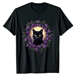 Black Cat & Purple Lilac Moonlit T-Shirt - 100% Cotton Gothic Lilac Flower Print Tee, Unisex Casual Outdoor Shirt for Hiking, Daily Wear, Spring Summer Fall, Sizes S-XXXXXL (Machine Washable) - Boho Night Sky Design Soft Aesthetic Short