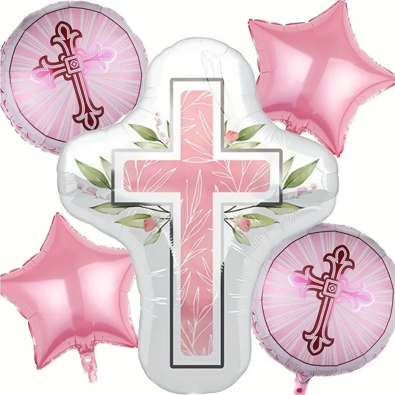 5 Pcs Baptism Balloons Set, Balloon Kit, Cross & Star Foil Balloons Design, Ideal for Baptism, Communion, Confirmation & Birthday Party Decorations, Balloon Arch Balloons, Balloon Arch Kits, Balloon Party Supplies