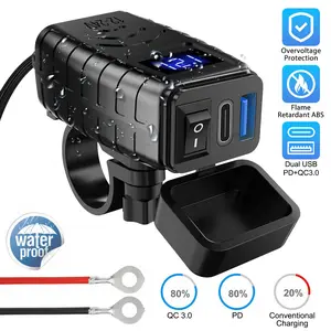 Handlebar Mount Motorcycle Dual USB Charger Adapter - with PD QC3.0 Fast Charging,Waterproof 12V-24V USB Power Outlet Voltmeter Switch