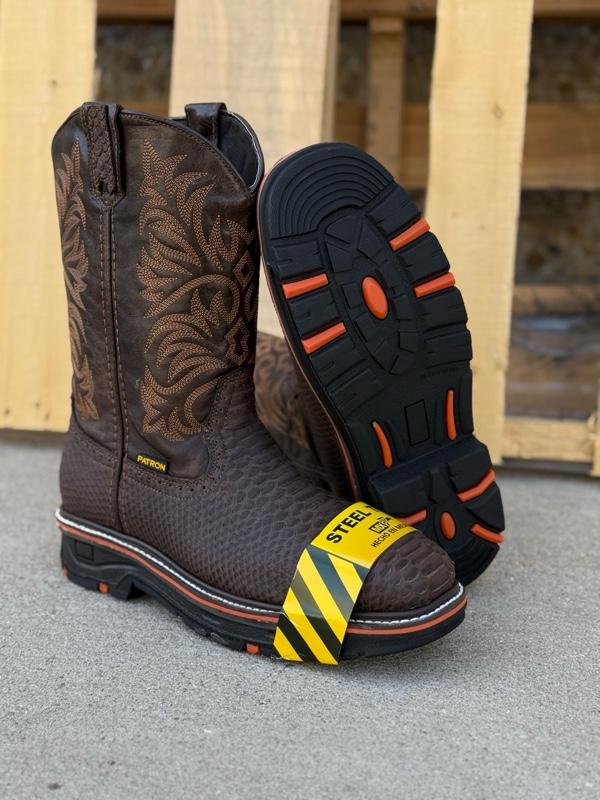 9838 Cafe Embossed Print Mens Steel Toe Boots Western Style Safety Square Toe