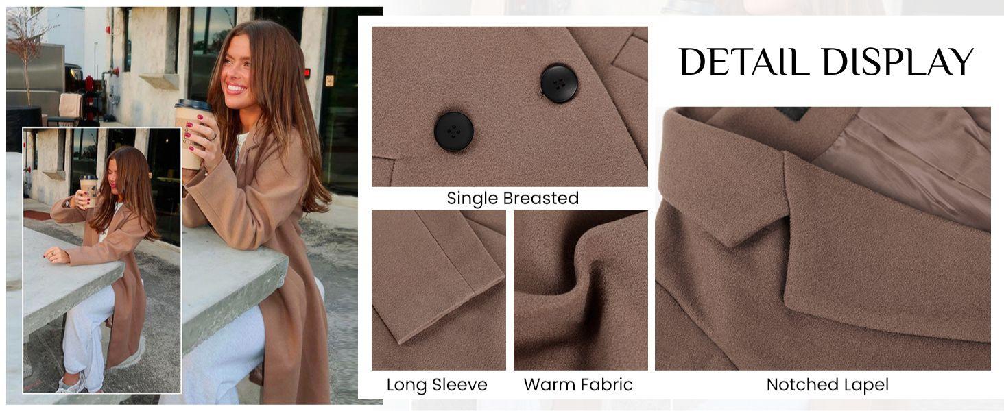 Tanming Women's Knee-length Overcoat Casual Notch Lapel Single-Breasted Wool-blend Peacoat Trench Coat Womenswear Outerwear Jackets for Spring Fall Winter